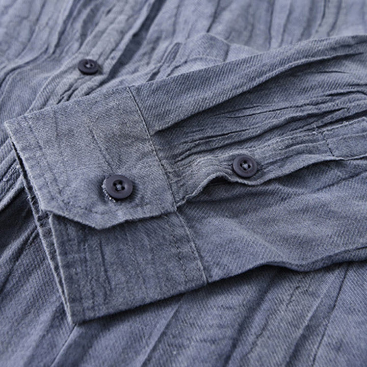 Buddha Stones Retro Pleats Buttons Men's Long Sleeve Ramie Linen Long Sleeve Shirt With Pockets - image 20
