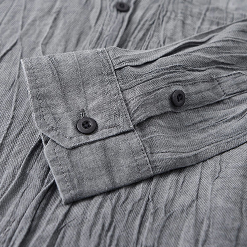 Buddha Stones Retro Pleats Buttons Men's Long Sleeve Ramie Linen Long Sleeve Shirt With Pockets - image 4