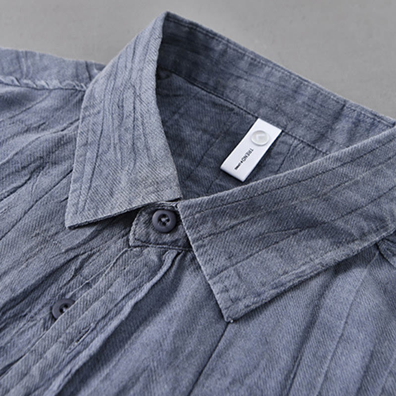Buddha Stones Retro Pleats Buttons Men's Long Sleeve Ramie Linen Long Sleeve Shirt With Pockets - image 18