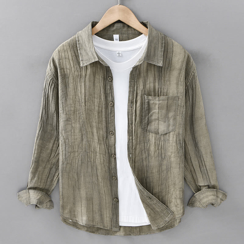 Buddha Stones Retro Pleats Buttons Men's Long Sleeve Ramie Linen Long Sleeve Shirt With Pockets - YellowGreen - US/UK/AU42，EU52 (3XL) - image 5