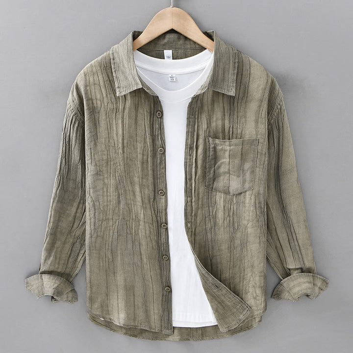 Buddha Stones Retro Pleats Buttons Men's Long Sleeve Ramie Linen Long Sleeve Shirt With Pockets - YellowGreen - US/UK/AU42，EU52 (3XL) - image 5