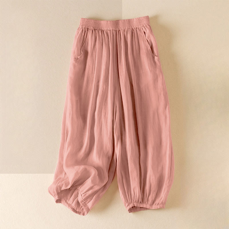 Buddha Stones Summer Plain Casual Cropped Pants Women's Double Layer Cotton Linen Harem Pants With Pockets - Pink - US8-10，UK/AU12-14，EU40-42 (2XL) - image 0
