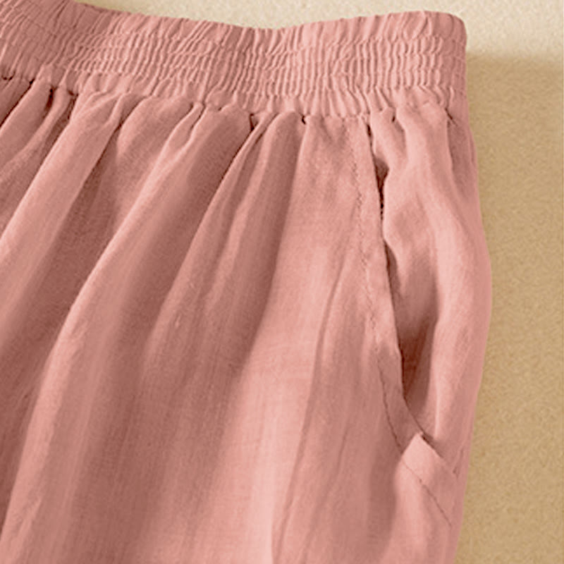 Buddha Stones Summer Plain Casual Cropped Pants Women's Double Layer Cotton Linen Harem Pants With Pockets