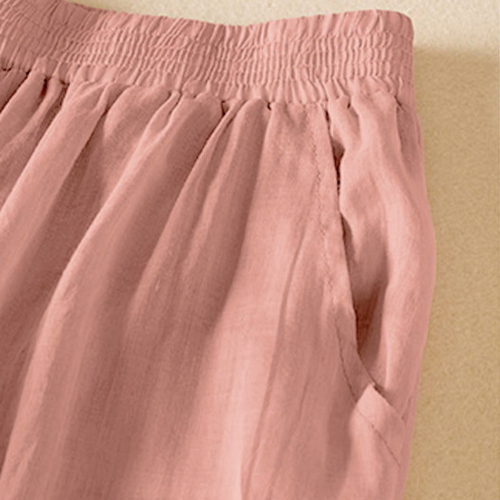 Buddha Stones Summer Plain Casual Cropped Pants Women's Double Layer Cotton Linen Harem Pants With Pockets