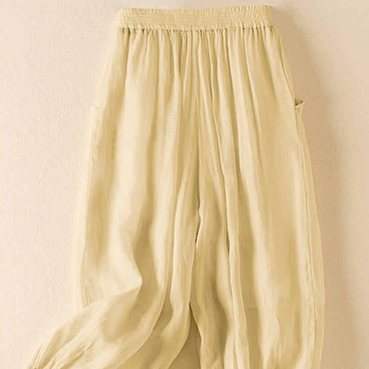 Buddha Stones Summer Plain Casual Cropped Pants Women's Double Layer Cotton Linen Harem Pants With Pockets