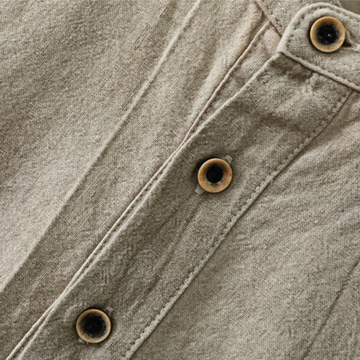 Buddha Stones Plain Pleats Half Buttons Design Stand Collar Men's Long Sleeve Cotton Linen Shirt - image 3