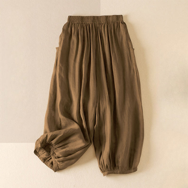 Buddha Stones Summer Plain Casual Cropped Pants Women's Double Layer Cotton Linen Harem Pants With Pockets