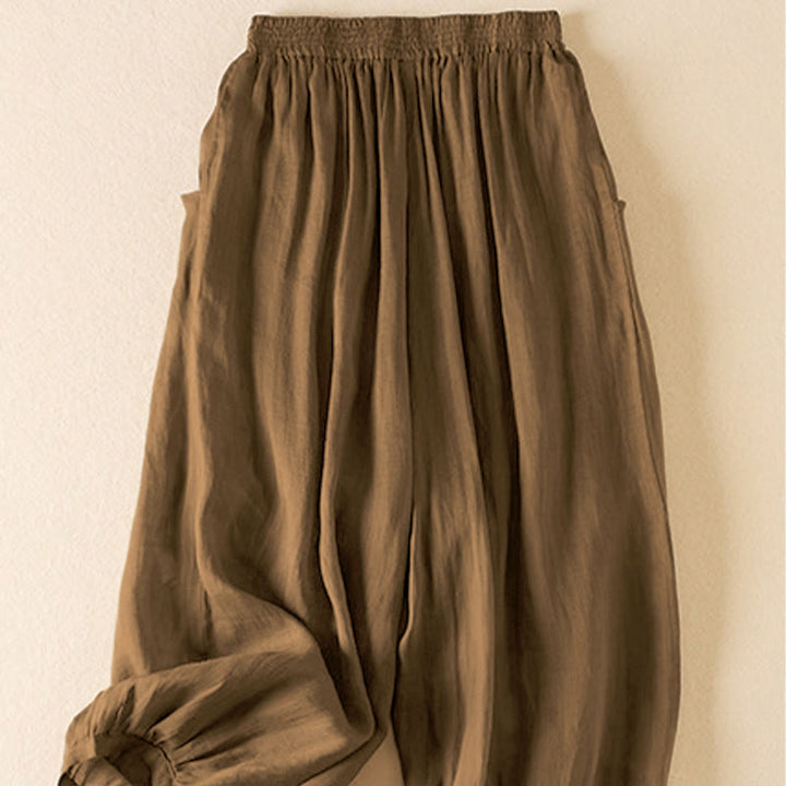 Buddha Stones Summer Plain Casual Cropped Pants Women's Double Layer Cotton Linen Harem Pants With Pockets