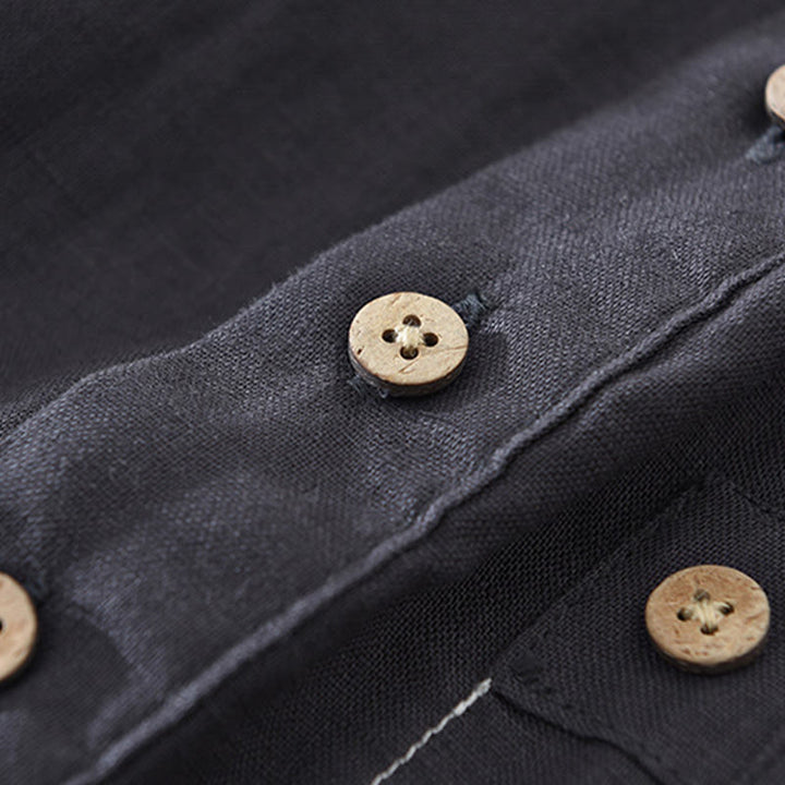 Buddha Stones Summer Half Buttons Design Lapel Men's Short Sleeve Linen Shirt With Pocket - image 8