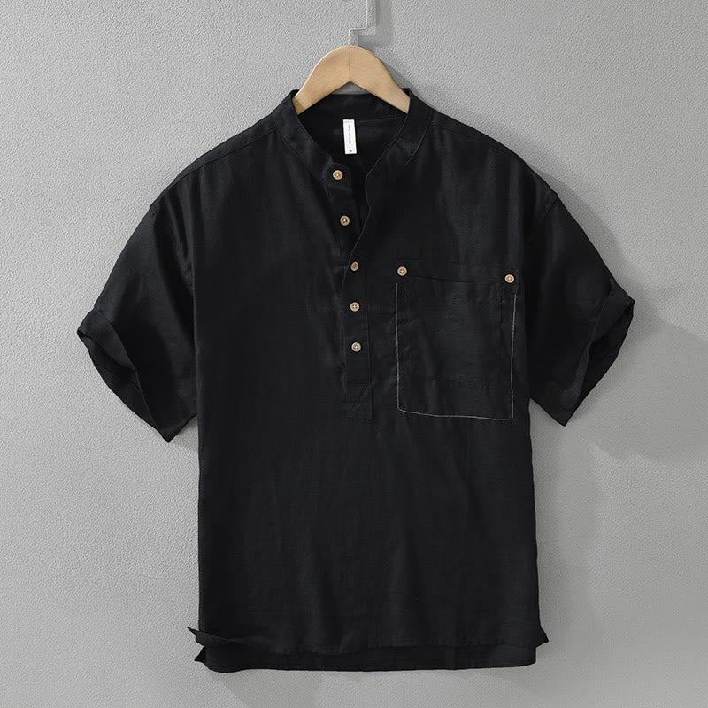 Buddha Stones Summer Half Buttons Design Lapel Men's Short Sleeve Linen Shirt With Pocket - Black - US/UK/AU42，EU52 (3XL) - image 1