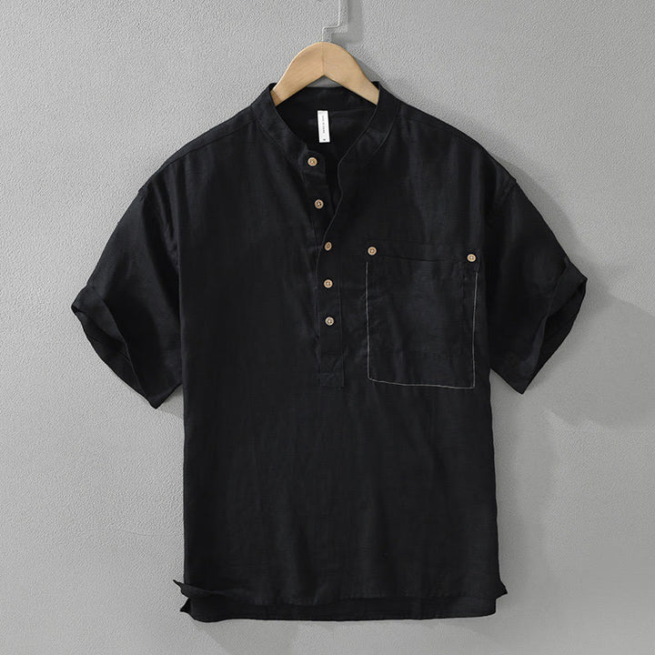 Buddha Stones Summer Half Buttons Design Lapel Men's Short Sleeve Linen Shirt With Pocket - Black - US/UK/AU42，EU52 (3XL) - image 1