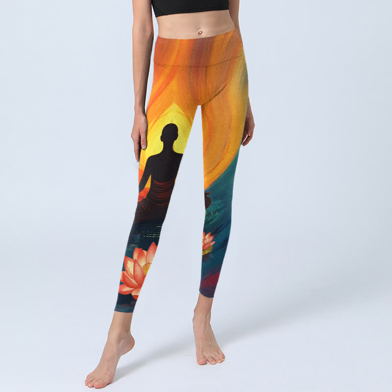 Buddha Stones Meditating Figure Lotus Flower Print Gym Leggings Women's Yoga Pants - image 5