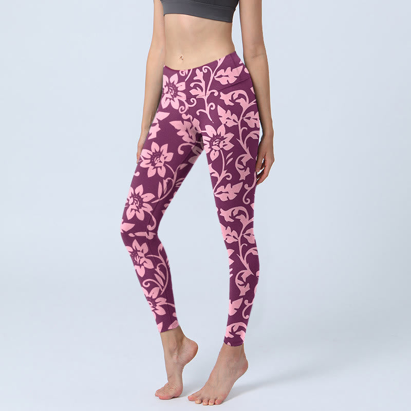 Buddha Stones Pink Sunflowers Print Gym Leggings Women's Yoga Pants - MediumVioletRed - US18，UK/AU22，EU50 (4XL) - image 0