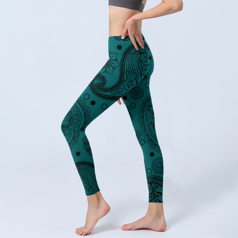 Buddha Stones Deep Green Cashew Flower Petals Print Gym Leggings Women's Yoga Pants - image 2