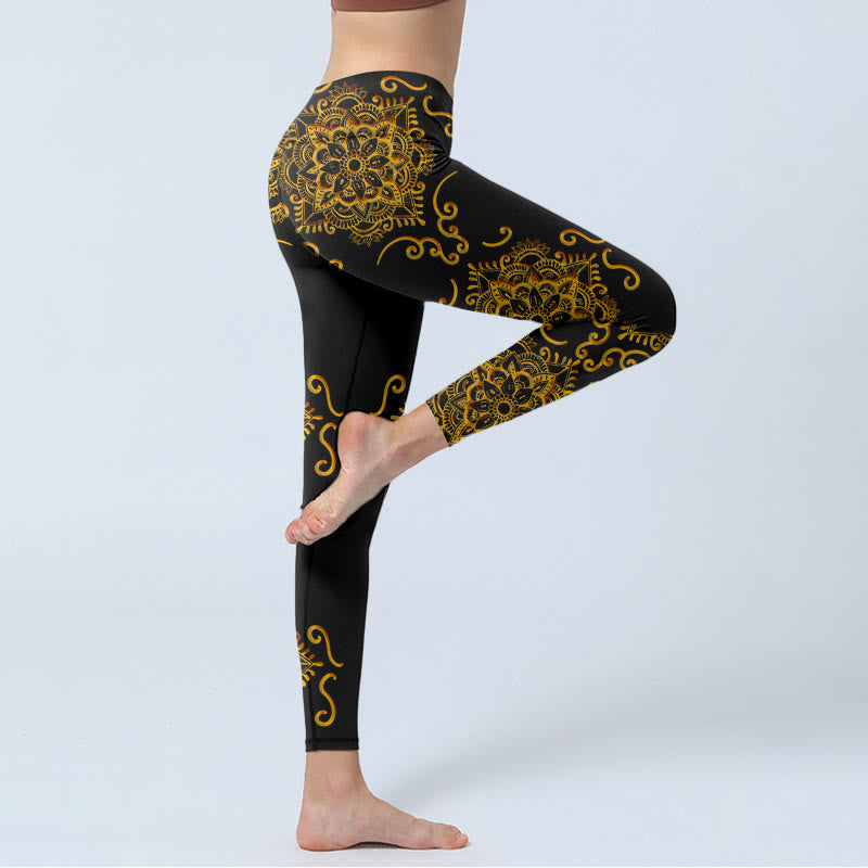 Buddha Stones Golden Mandala Flowers Print Gym Leggings Women's Yoga Pants - image 3