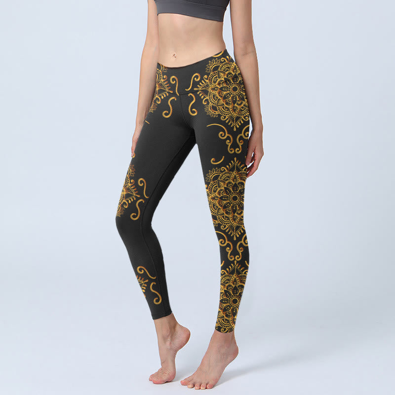 Buddha Stones Golden Mandala Flowers Print Gym Leggings Women's Yoga Pants - Black - US18，UK/AU22，EU50 (4XL) - image 0