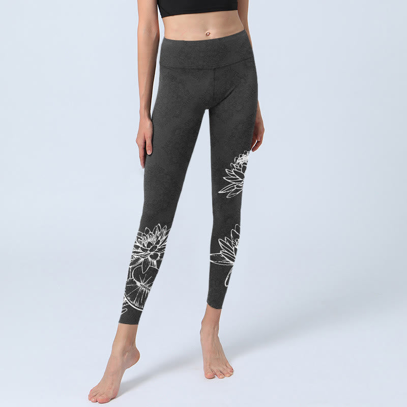 Buddha Stones White Sketch Lotus Flowers Leaves Print Gym Leggings Women's Yoga Pants - image 6
