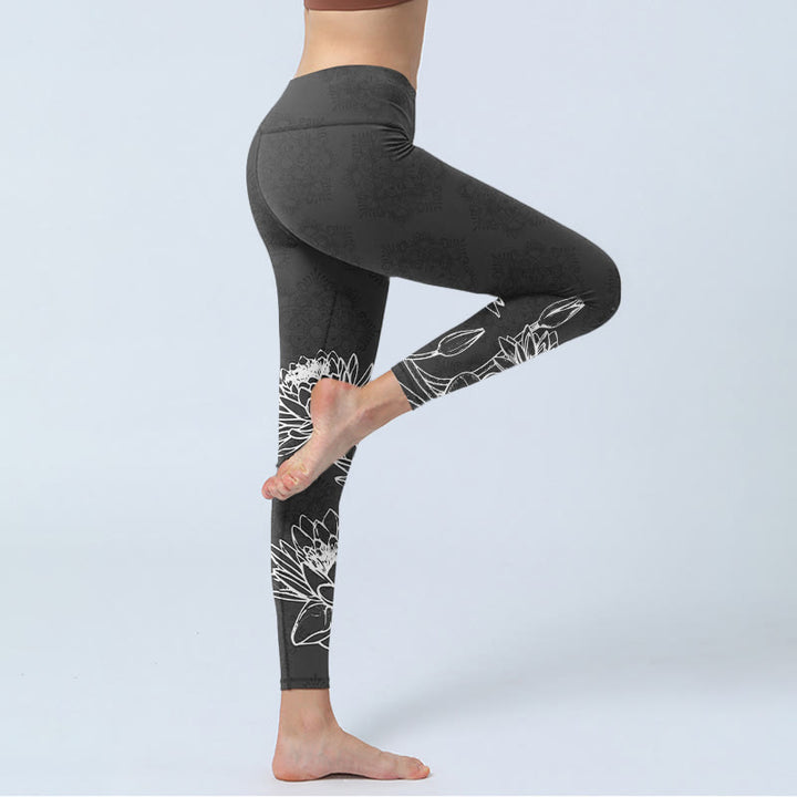Buddha Stones White Sketch Lotus Flowers Leaves Print Gym Leggings Women's Yoga Pants - image 3