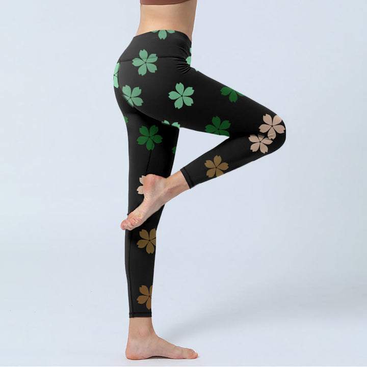 Buddha Stones Green Pink Five-petal Flowers Print Gym Leggings Women's Yoga Pants - image 8