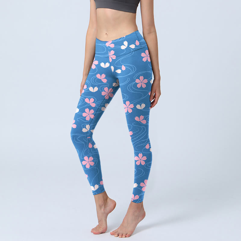 Buddha Stones Pink Cherry Blossoms Lines Print Gym Leggings Women's Yoga Pants - LightSkyBlue - US18，UK/AU22，EU50 (4XL) - image 0