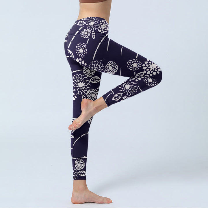 Buddha Stones White Sketch Chrysanthemums Print Gym Leggings Women's Yoga Pants - image 4