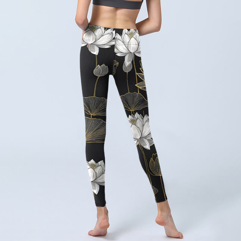 Buddha Stones White Golden Lotus Leaves Print Gym Leggings Women's Yoga Pants - Black - US18，UK/AU22，EU50 (4XL) - image 1