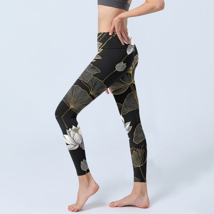 Buddha Stones White Golden Lotus Leaves Print Gym Leggings Women's Yoga Pants - image 8