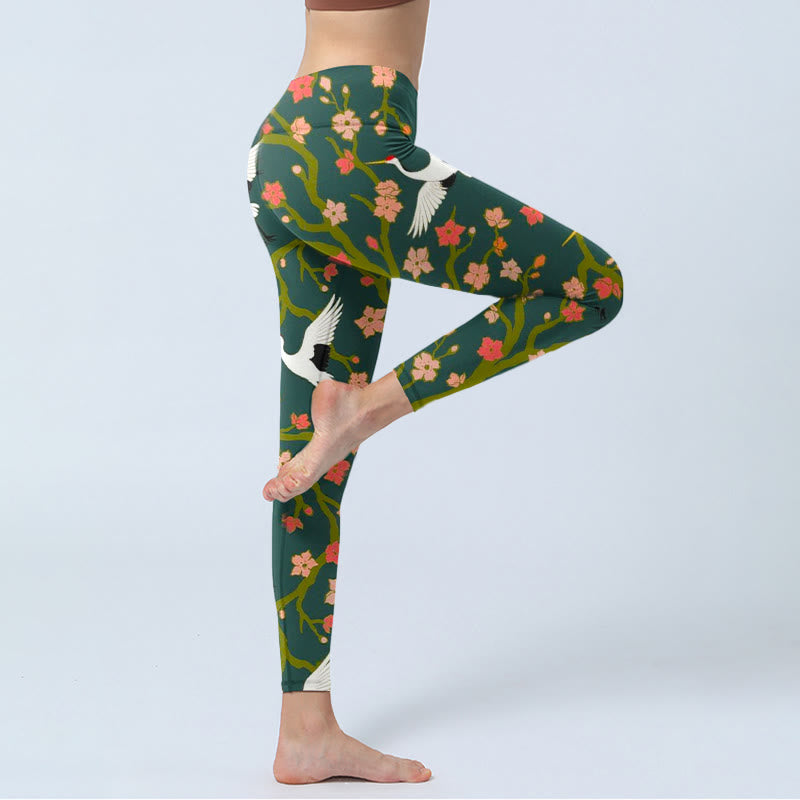 Buddha Stones White Red-crowned Cranes Red Orange Flower Trees Print Gym Leggings Women's Yoga Pants - image 3