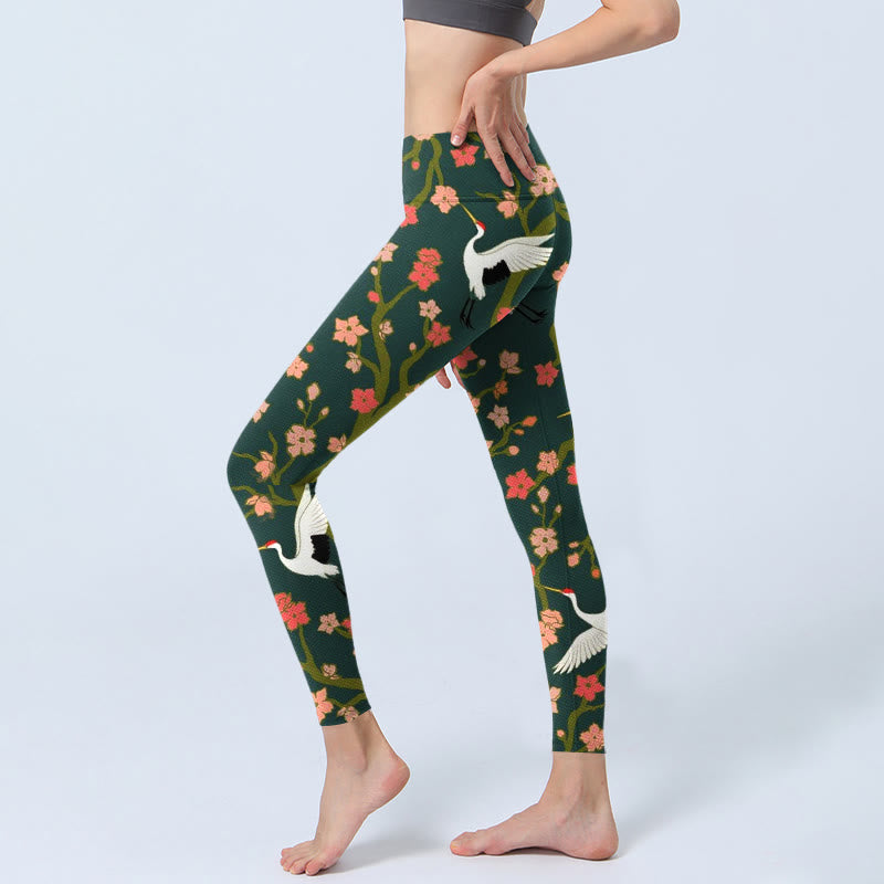 Buddha Stones White Red-crowned Cranes Red Orange Flower Trees Print Gym Leggings Women's Yoga Pants - image 2