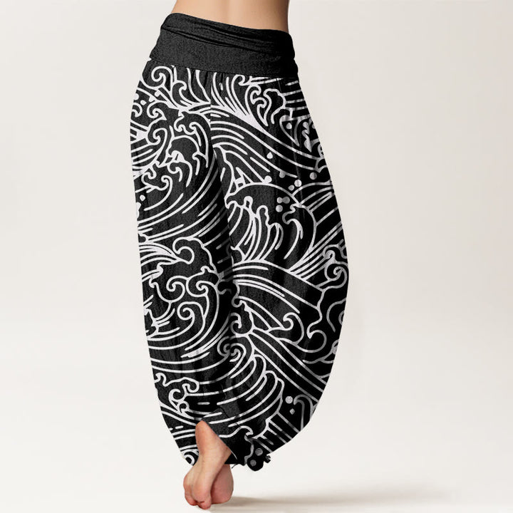 Buddha Stones Cotton Rough Waves Pattern Women's Elastic Waist Harem Pants - image 1