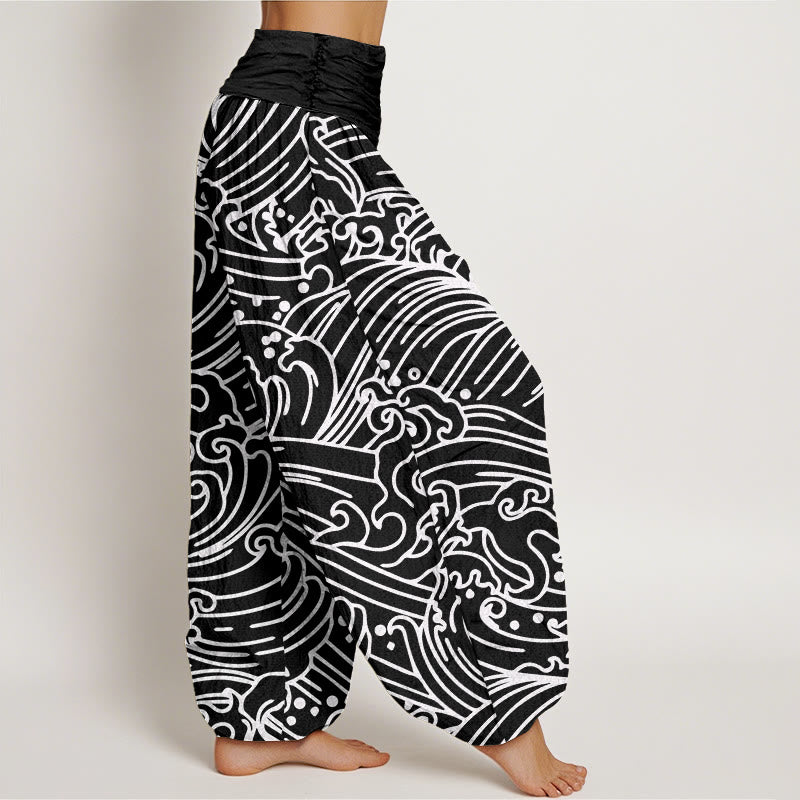 Buddha Stones Rough Waves Pattern Women's Elastic Waist Harem Pants
