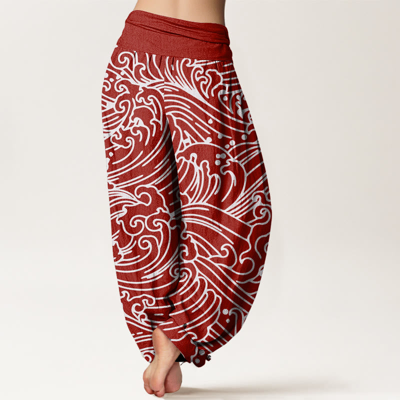Buddha Stones Rough Waves Pattern Women's Elastic Waist Harem Pants
