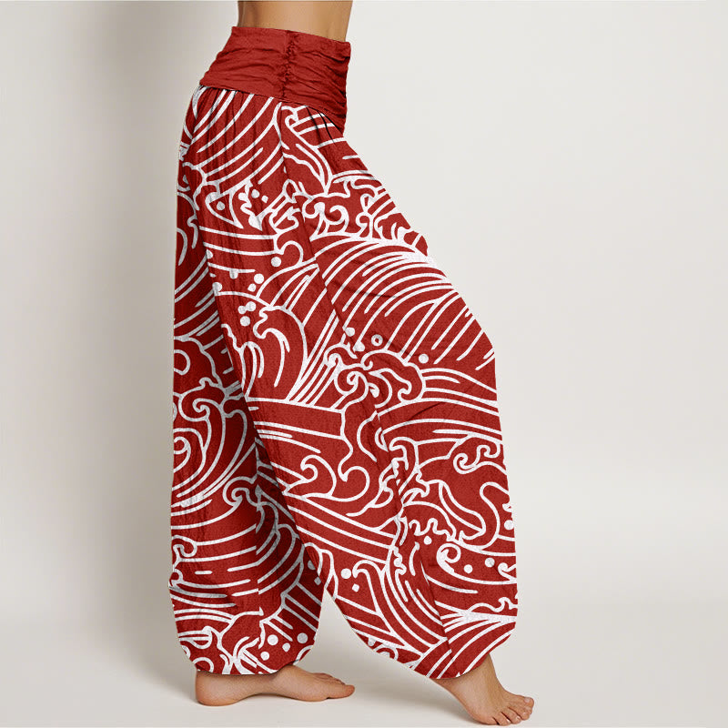 Buddha Stones Rough Waves Pattern Women's Elastic Waist Harem Pants