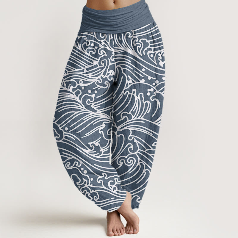 Buddha Stones Rough Waves Pattern Women's Elastic Waist Harem Pants