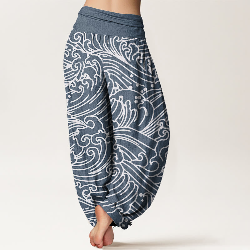 Buddha Stones Rough Waves Pattern Women's Elastic Waist Harem Pants - image 8
