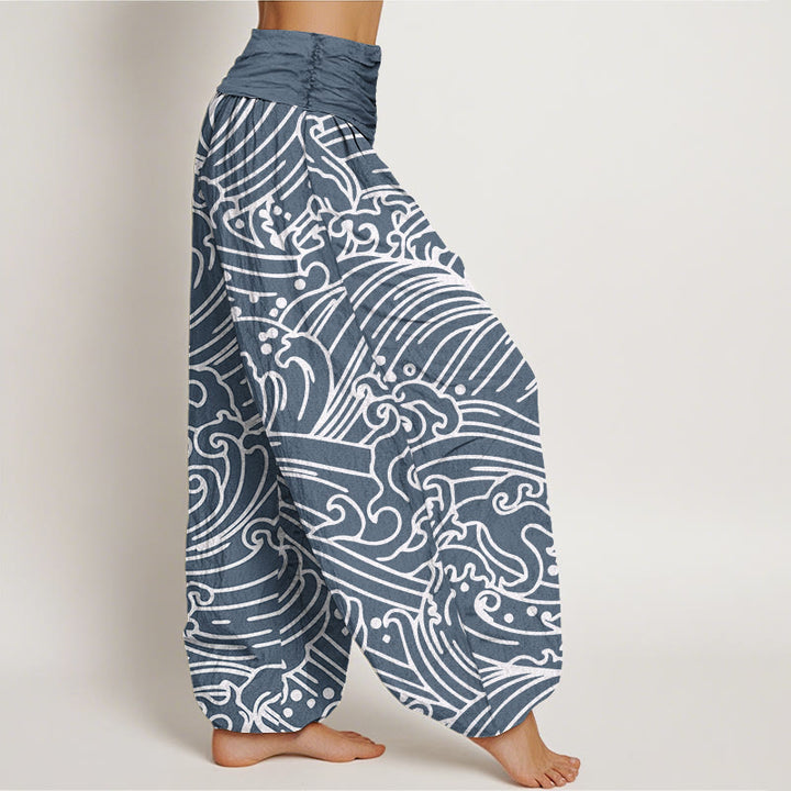 Buddha Stones Rough Waves Pattern Women's Elastic Waist Harem Pants