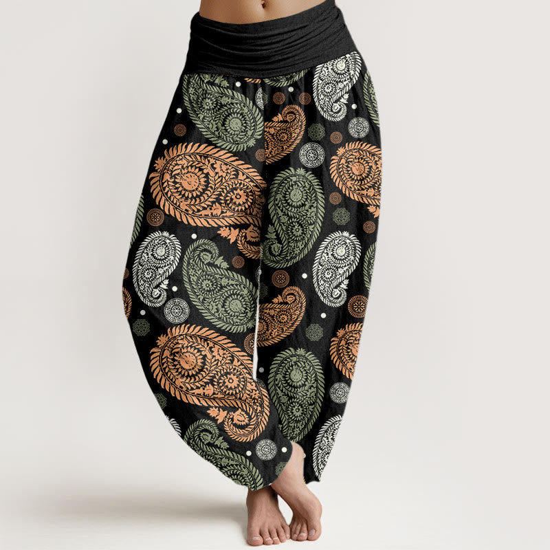 Buddha Stones Cashew Flower Leaf Vines Sunflowers Pattern Women's Elastic Waist Harem Pants