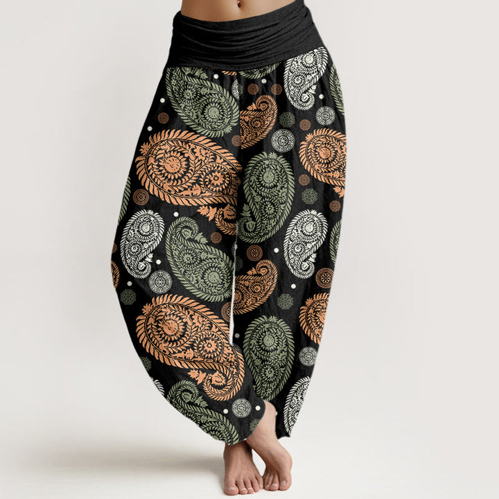 Buddha Stones Cashew Flower Leaf Vines Sunflowers Pattern Women's Elastic Waist Harem Pants