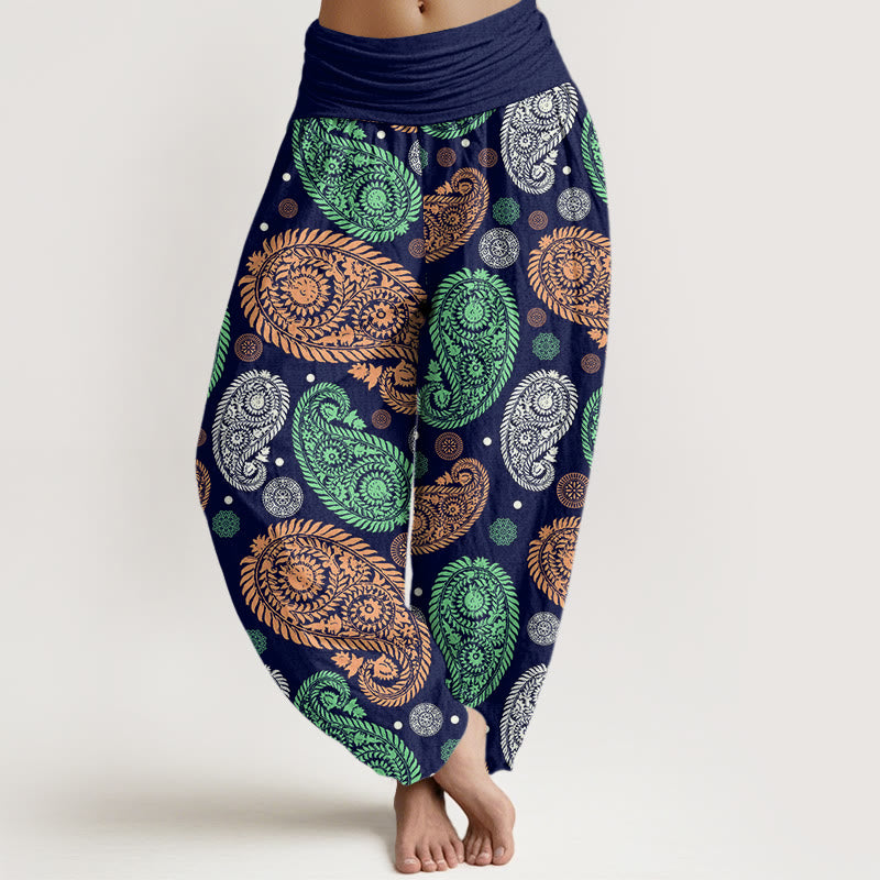 Buddha Stones Cashew Flower Leaf Vines Sunflowers Pattern Women's Elastic Waist Harem Pants