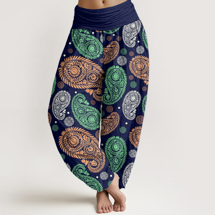 Buddha Stones Cashew Flower Leaf Vines Sunflowers Pattern Women's Elastic Waist Harem Pants