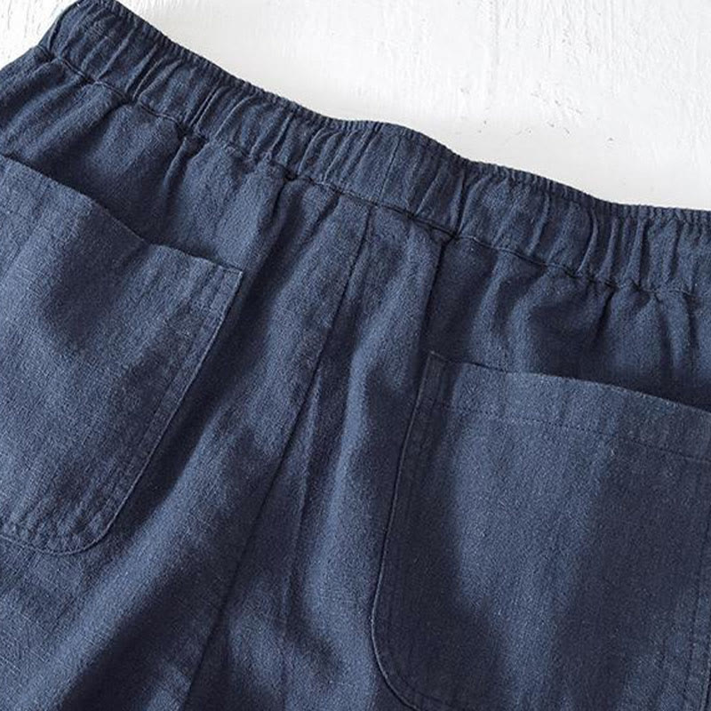 Buddha Stones Summer Solid Color Drawstring Elastic Waist Men's Ramie Linen Cotton Shorts With Pockets - image 29
