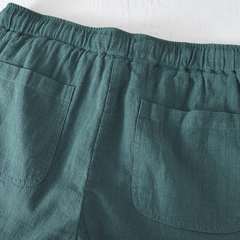 Buddha Stones Summer Solid Color Drawstring Elastic Waist Men's Cotton Linen Shorts With Pockets - image 24