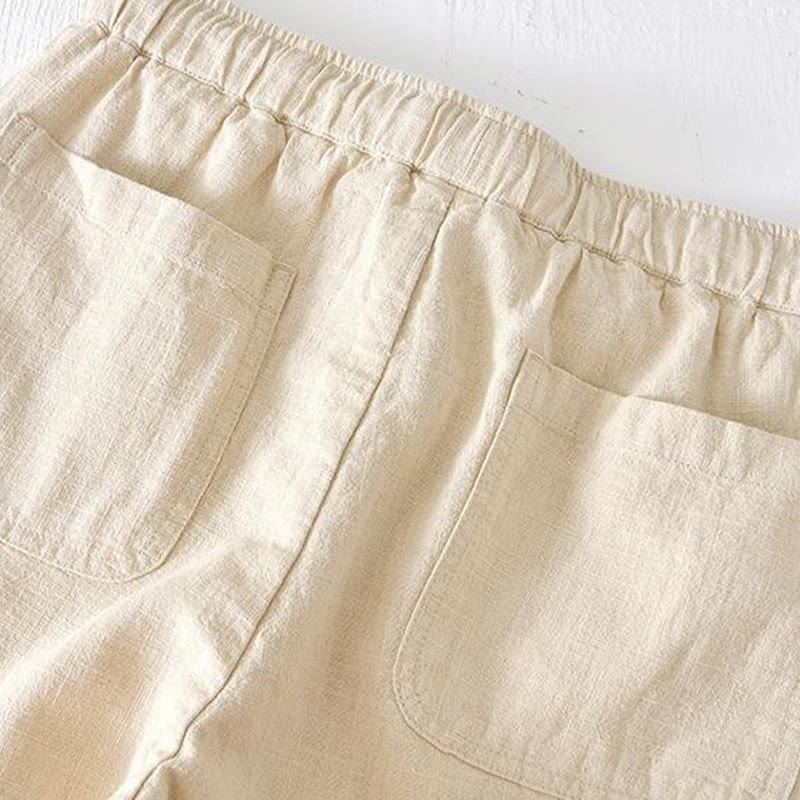 Buddha Stones Summer Solid Color Drawstring Elastic Waist Men's Ramie Linen Cotton Shorts With Pockets - image 2