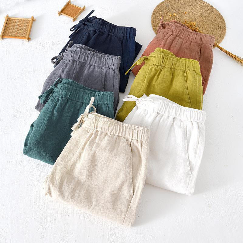 Buddha Stones Summer Solid Color Drawstring Elastic Waist Men's Ramie Linen Cotton Shorts With Pockets - image 38