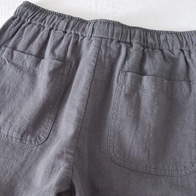 Buddha Stones Summer Solid Color Drawstring Elastic Waist Men's Cotton Linen Shorts With Pockets - image 19