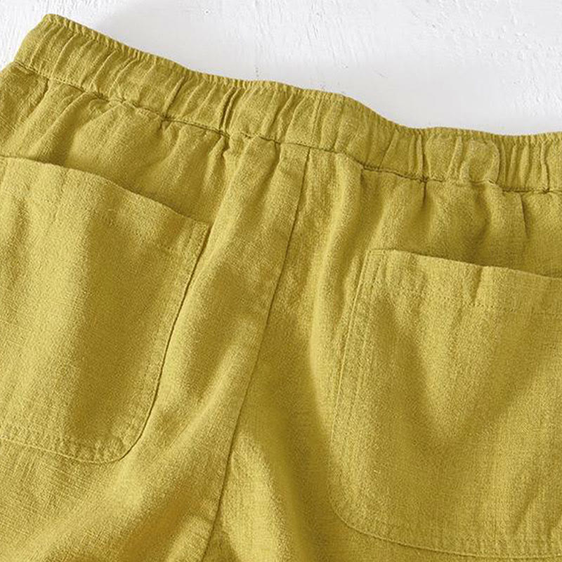 Buddha Stones Summer Solid Color Drawstring Elastic Waist Men's Ramie Linen Cotton Shorts With Pockets - image 12