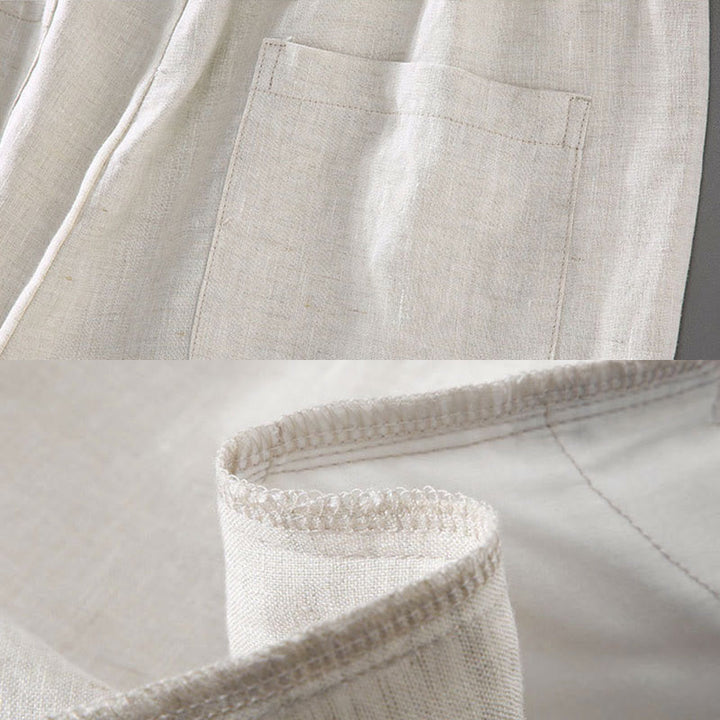 Buddha Stones Summer Solid Color Drawstring Button Design Men's Linen Shorts With Pockets - image 8