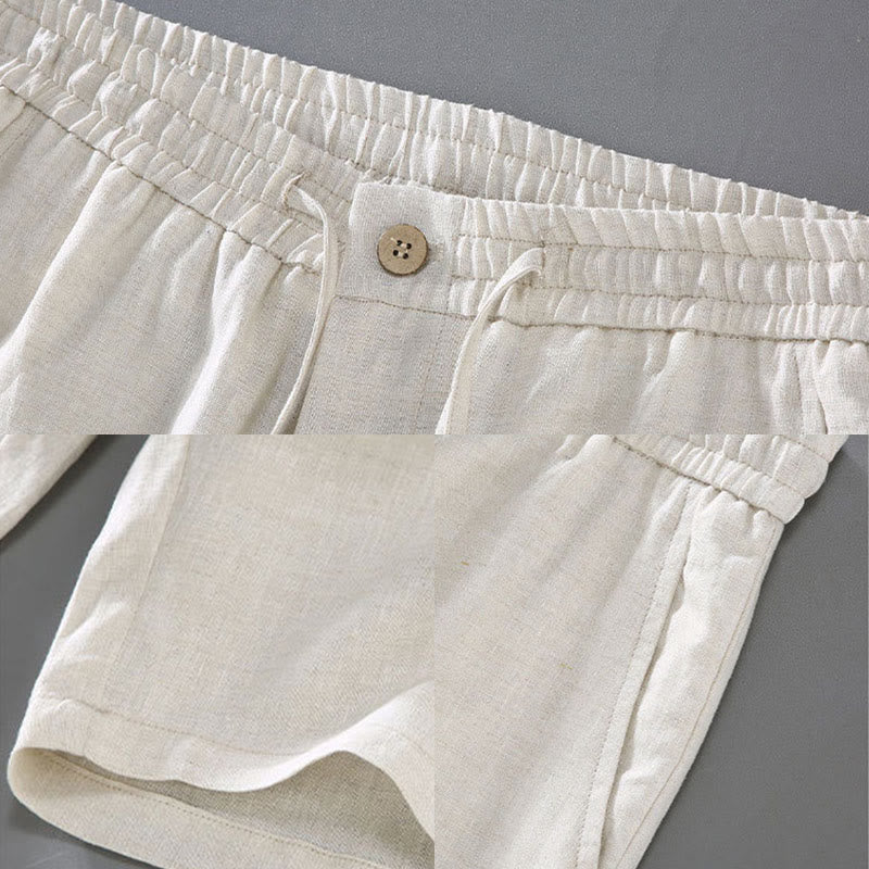 Buddha Stones Summer Solid Color Drawstring Button Design Men's Linen Shorts With Pockets - image 7