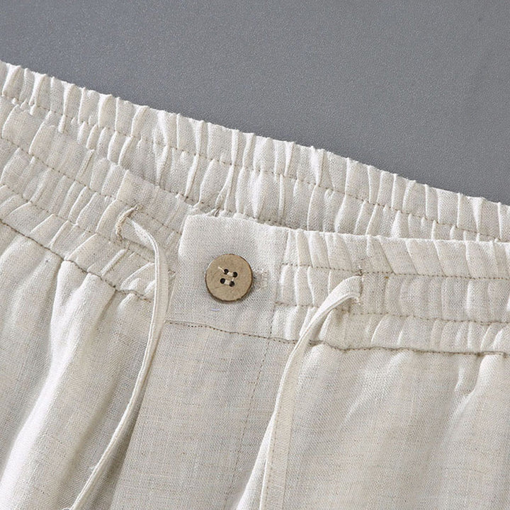 Buddha Stones Summer Solid Color Drawstring Button Design Men's Linen Shorts With Pockets - image 4