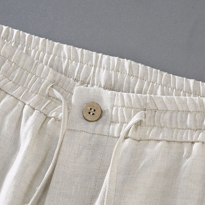 Buddha Stones Summer Solid Color Drawstring Button Design Men's Linen Shorts With Pockets - image 5